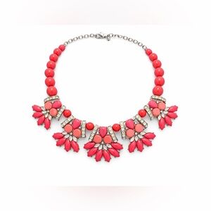 J.Crew Coral Pink Statement Necklace Rhinestone Floral Beaded Collar